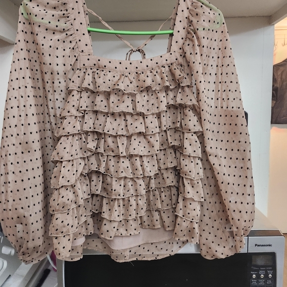 Versona Tops - Versona Black Polka Dot Ruffle Blouse - Cream